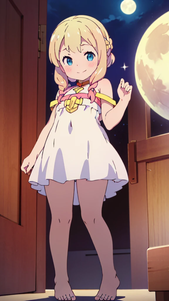 ((masterpiece))((Highest quality))Moon Fairy、girl、smile、blush、Flat Chest、Are thin、Blonde Hair、long、blush、Are standing、Whole body image、Even your toes are visible、Eye level on face、front、No background、真frontのアングル