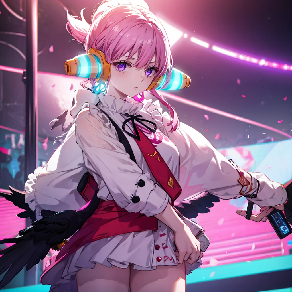 ((Crow　night　Red full moon))，(music stage Shiny Earrings　Neon Pink　Neon Blue　purple)，　Sweat　A tense look　Also々funny Face　Headphones
There is red heir men behind her
