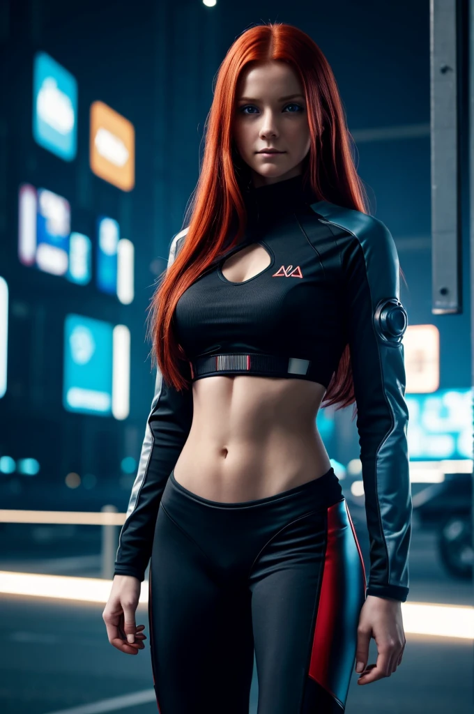 Masterpiece , a woman , very long red hair , Blue eyes ,  earring , perfect body , ( Technical clothing:1.2) , cyberpunk , future , modern , in cyberpunk city, a slight smile , delicate face ,, , (8k,  Best quality 1.2),  extremely detailed, 8K uhd,, soft lighting, high quality, grano de la Movie,   beautiful lights,, (Movie:1.4) ,perfect body , Optimal lighting, the best shadow,  more acute, Compared,