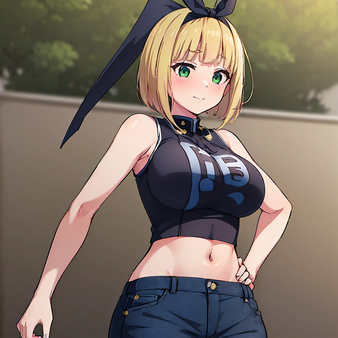 ((1girl)), ((alone)),shushu suruga, ((extremely detailed CG unity 4k wallpaper)), (masterpiece), (ultra quality), (ultra detailed), (best illustration), (best shadow), (extremely detailed), looking at viewer, (absurdities), (detailed background), curvy body, dynamic pose, cowboy photo, medium breasts, medium waist, wide hips, wide thighs, round butt, ((blonde_hair , short_hair, 1 girl, green_eyes, solo, headband, bangs, big_breasts, black bow, black headband, blue jacket, t-shirt, abdomen, denim shorts, ,)),smile, closed mouth)), standing, cowboy photo , backlight, ((only)), ((standing: 1.4, outdoor, park, cityscape, trees, (stoic, blushing, sexy expression, closed mouth, sexy pose), looking forward, ((focus on hips ), point of view: (from below), perfect anatomy, perfect hands,