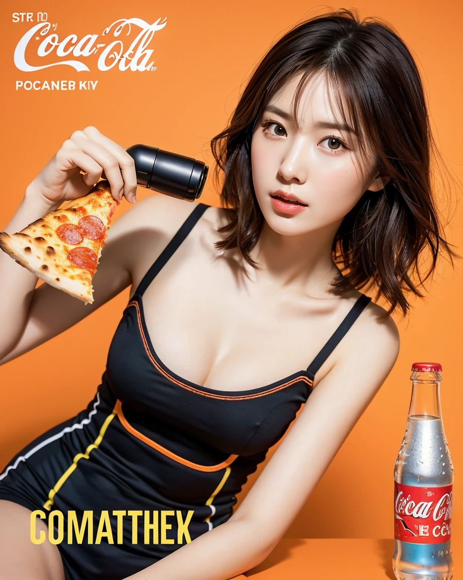 Realistic, 8K, masterpiece, RAW Photos, Highest quality, Realistic, 非常に詳細な CG Unity 8K 壁紙, Written boundary depth, Cinematic Light, Lens flare, Ray Tracing, Perfect lighting,short hair, (Delicate skin), (Delicate face), (Pop Background :1.1), person standing and watching、Comical movement,1 female,astronaut, gloves, Helmet, Spacesuit、Headphones,(Orange background),Modern Style,Artistic,moving composition,Unique Pattern,Bold Texture,colorful,Imaginative,Whimsical,Vibrant,like々Shii,Playful,Lively,creative,Expressive,stylish,tendency,One Girl,Eating pizza、Coca-Cola Poster、Lemon on the background