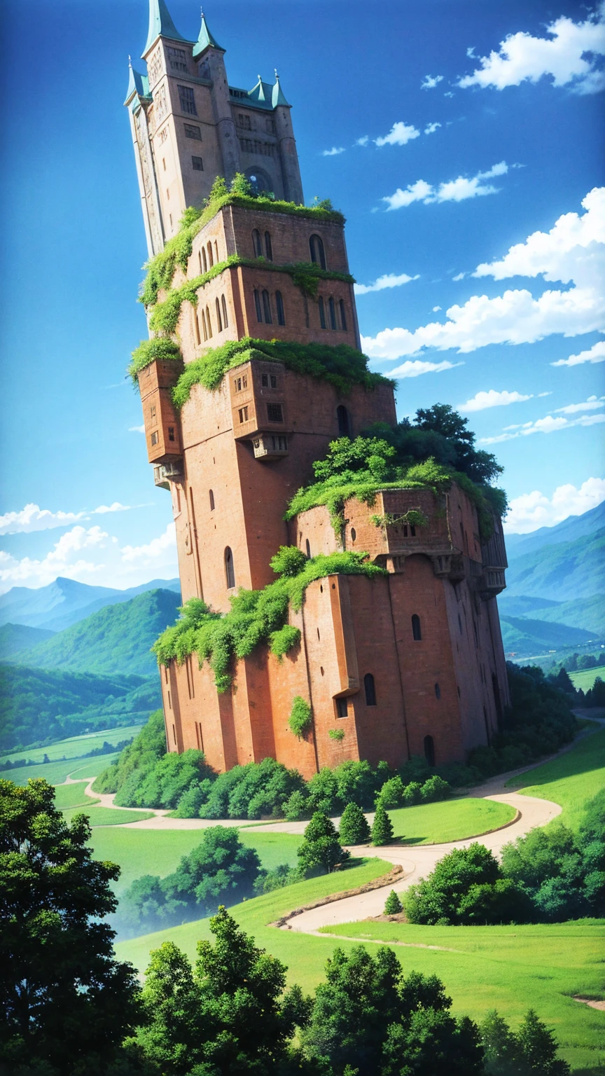 anime-style illustration, a young woman standing on the hill overlooks the vast expanse of clear blue sky and underneath a large valley mountain with flower colorful color blue red green purple yellow and fantasy world medieval mega-building, rocks, tree branches, fallen leaves, birds, The scene is depicted in a highly saturated and vibrant style, intense and rich colors vivid, rendered with strong exaggerated colors, The sky above is clear blue sky, The atmosphere is full of magical color films, High Detail.