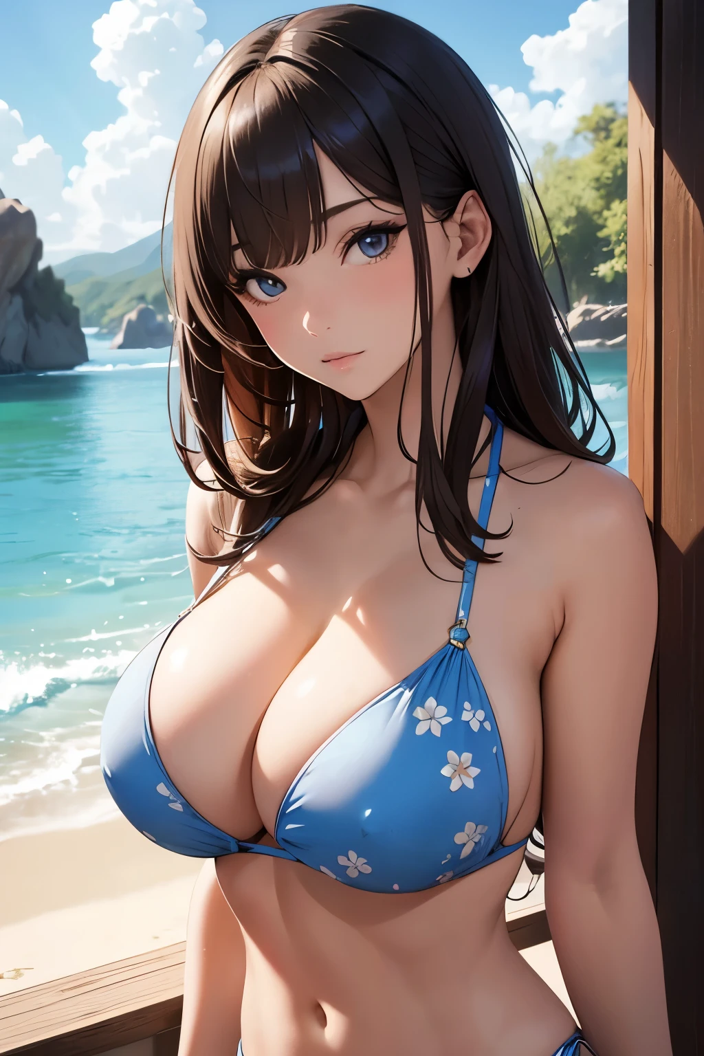 Masterpiece, high quality, pretty girl, beautiful, beautiful face, bikini, big breasts, cleavage, sexy,