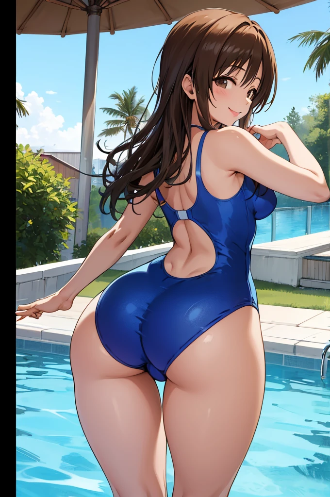 masterpiece, best quality, highres, aaanitta, long hair, medium breasts, blue one-piece swimsuit,, idolmaster, poolside, smile, standing, cowboy shot,,curvy,ass,from back