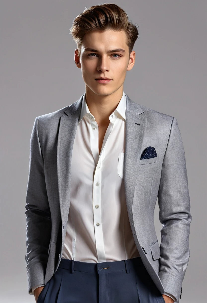 photo-realistic picture of a young man wearing women's dress shirt, jacket, female-looking chest, male dress trousers, neutral expression, soft illumination, natural positioning, vivid textures, impeccable outfit, photo-realistic, UHD drawing