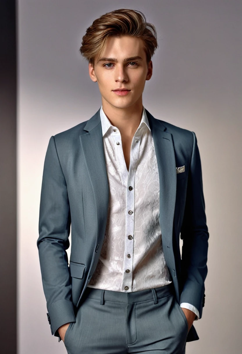 photo-realistic picture of a young man wearing women's dress shirt, jacket, female-looking chest, male dress trousers, neutral expression, soft illumination, natural positioning, vivid textures, impeccable outfit, photo-realistic, UHD drawing