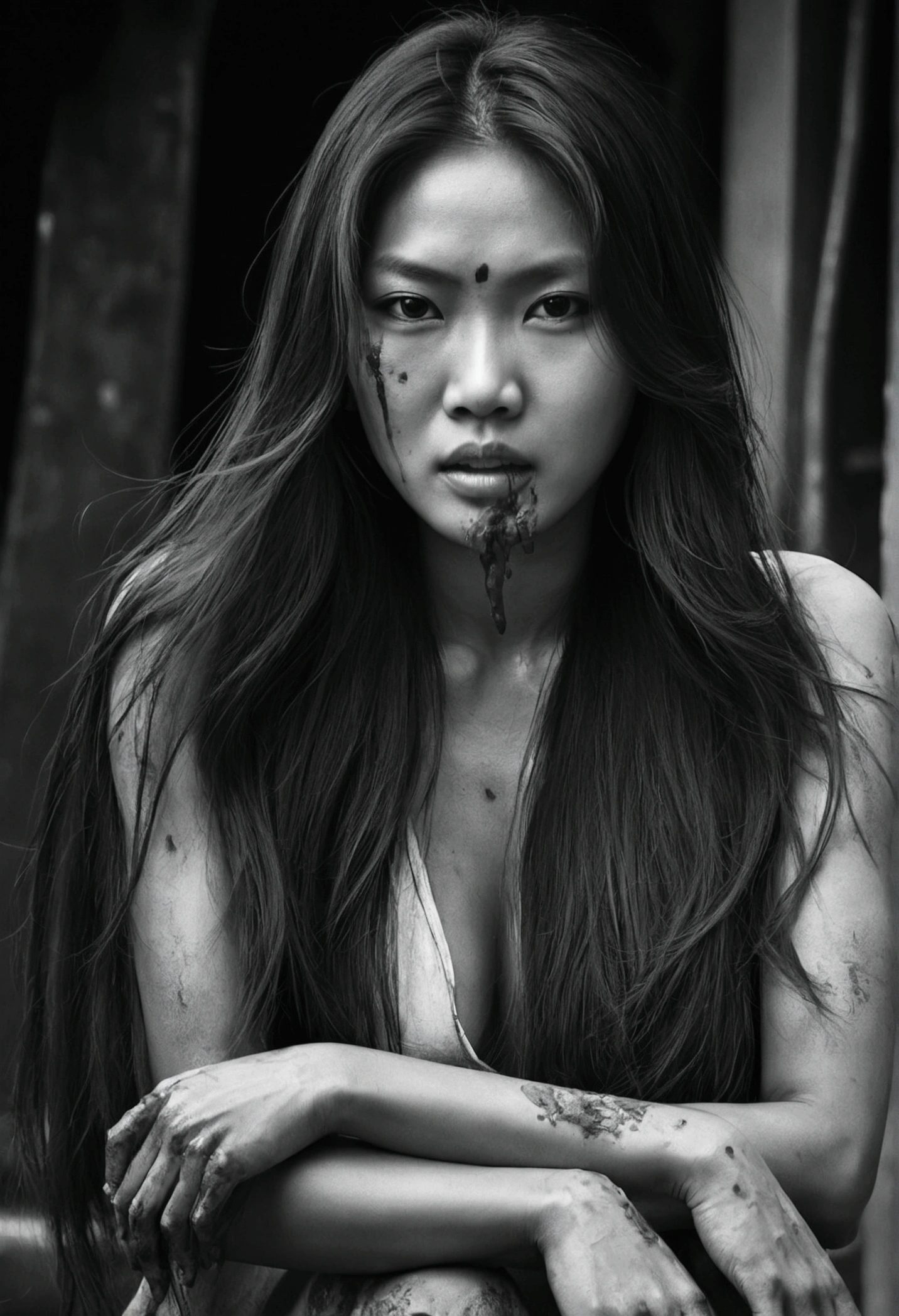 a black and white photo of a woman with long hair, beautiful asian woman sitting, sensual bodies, Rendred em Redshift, snarling, dirty and tattered, full body portrait shot, long limbs, Seraphim, monochrome, strangulation, desire