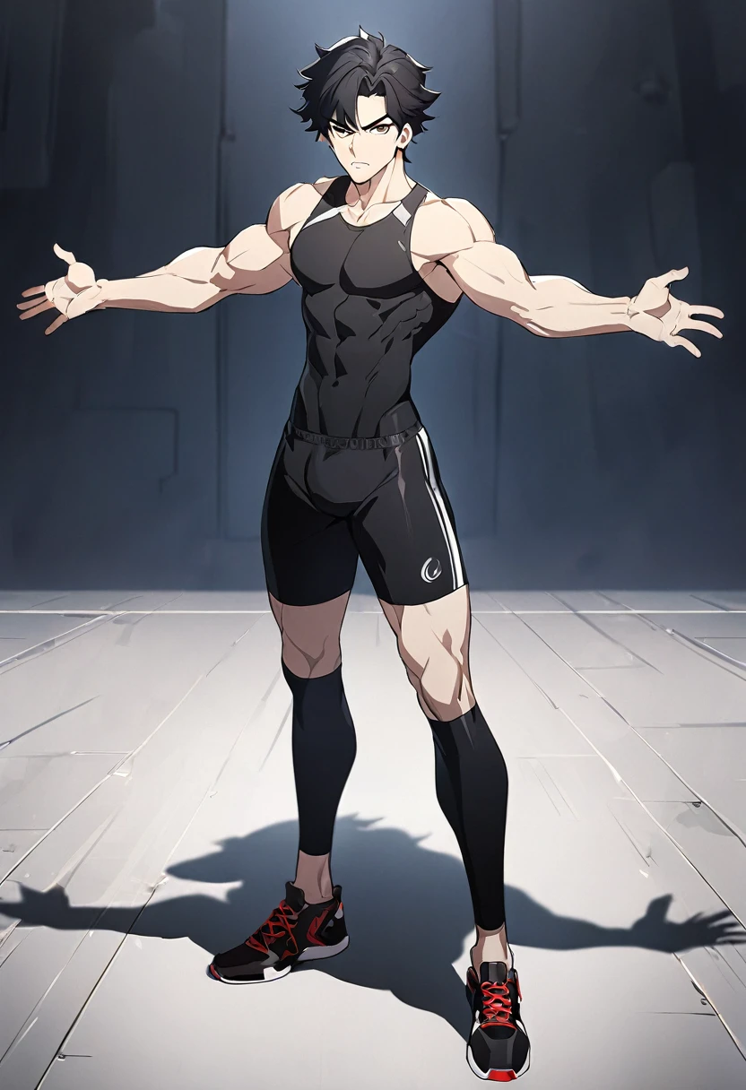 1boy, adult male focus, short black hair, white and black sports shirt, compression shorts underneath standing, determined expression,front view,looking at viewer,t-pose,anime style, full body,best quality, amazing quality
