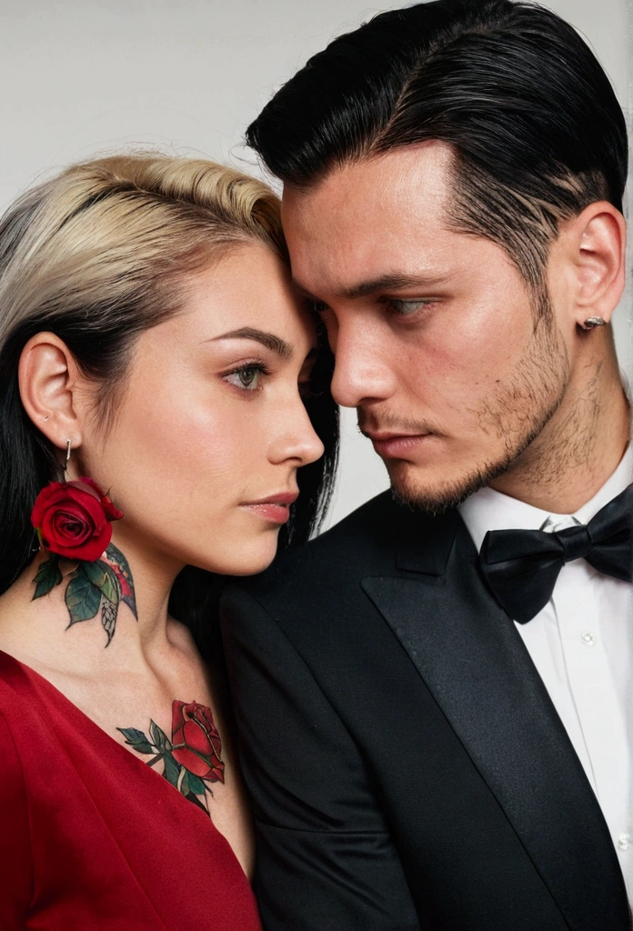 A couple hugging. A woman with long black hair and gray eyes (Dressed in a red dress).
The man with short blonde hair and a tattoo of a rose and others on his neck (Dressed in a black suit.) He's looking at her