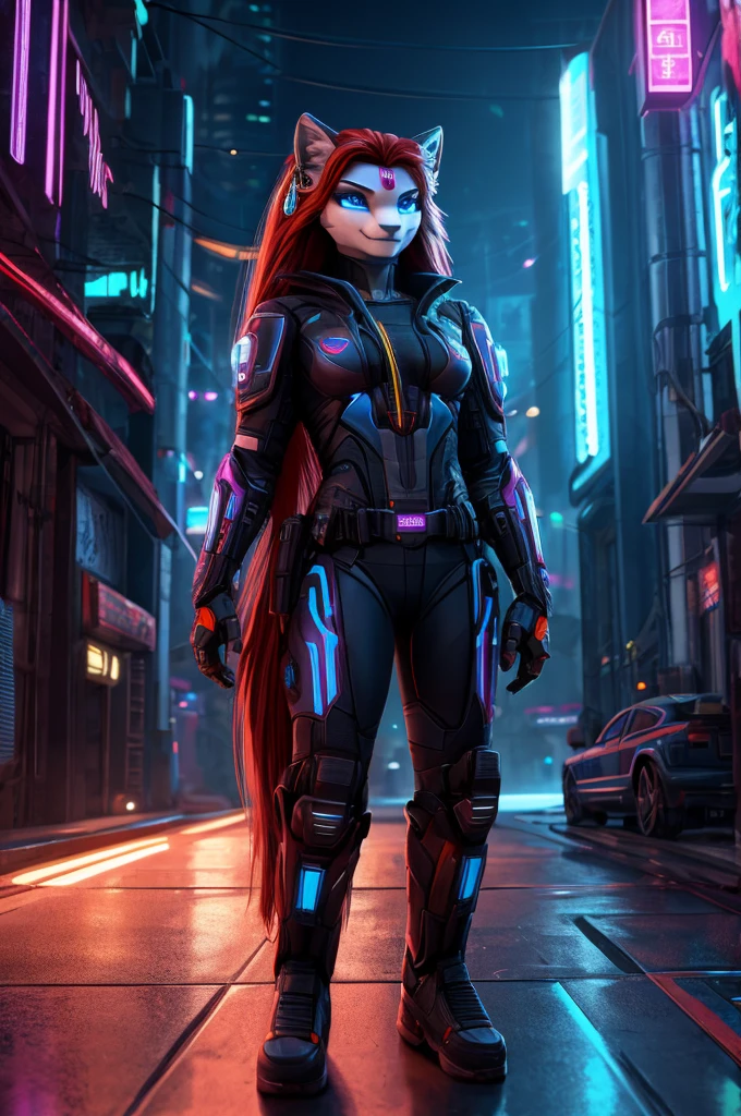 Masterpiece , a woman , very long red hair , Blue eyes , earring , perfect body , ( Technical clothing:1.2) , cyberpunk , future , modern , in cyberpunk city, a slight smile , delicate face ,, , (8k, Best quality 1.2), extremely detailed, 8K uhd,, soft lighting, high quality, grano de la Movie, beautiful lights,, (Movie:1.4) ,perfect body , Optimal lighting, the best shadow, more acute, Compared,