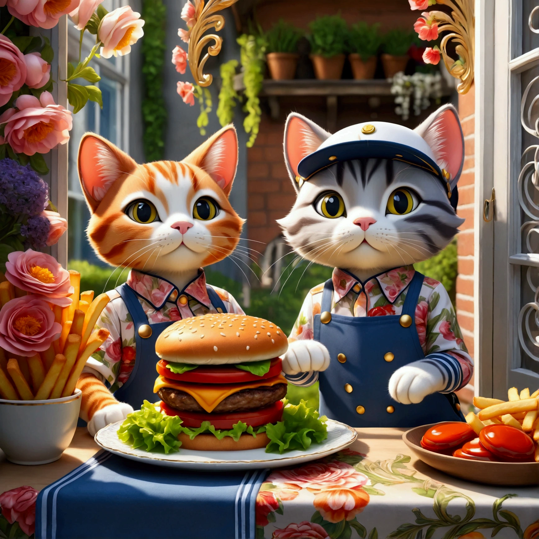 (Close-up of anthropomorphic cat looking out of floral window and presenting plate with multilayered hamburger, French fries and sauce:1.3) in (dynamic pose:1.0), (stylish ornate branded shirt:1.2), (worker cap:1.2), (colorful apron:1.1), background is modern kitchen, intricate design, bright colors, masterpiece in maximum 16K resolution, best quality, ultra detailed, aesthetics, absurdes.