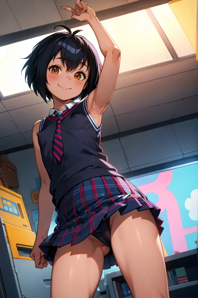 peniparker, small breasts, sleeveless,nsfw, socks,miniskirt,panties,indoor,looking viewer,smile,standing