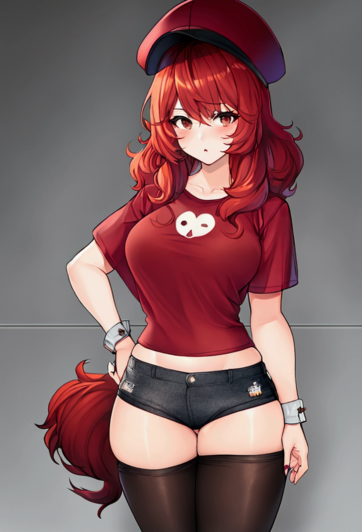 short, redheadwear, big hair that reaches the ass and straight, big brown eyes, big-ass, Small breasts, wearing very short shorts and a shirt that reaches the chest.