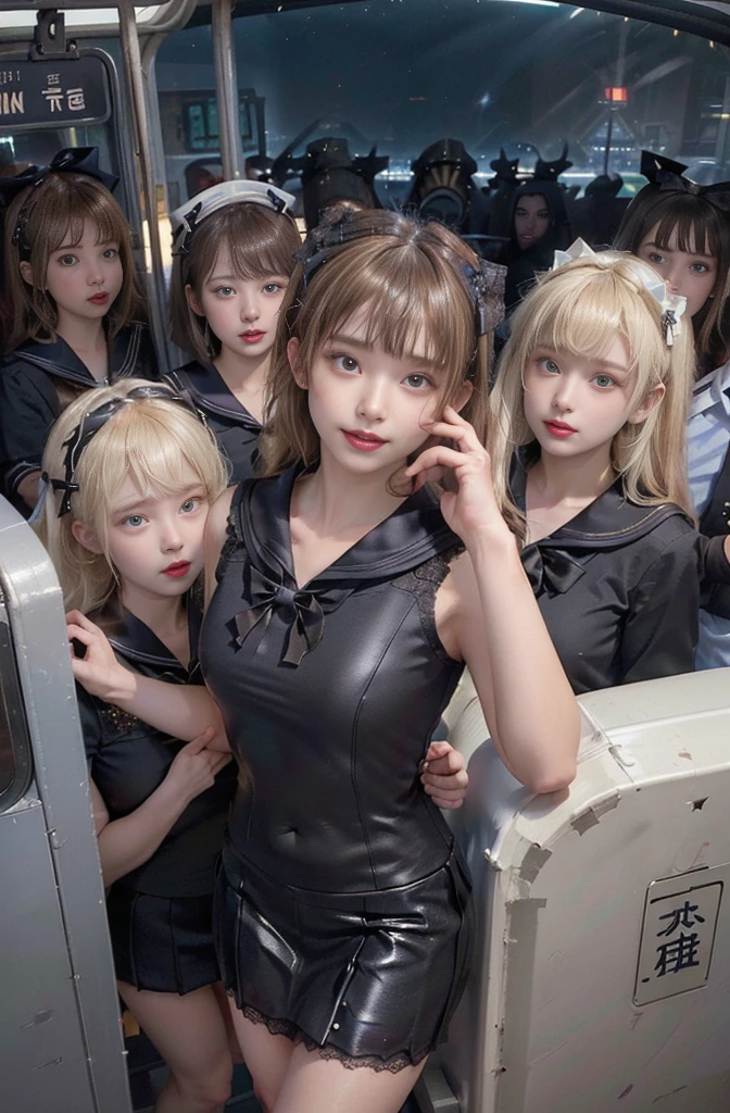 20yo, 8K resolution, surreal, Super detailed, high quality, perfect anatomy, perfect proportion, masterpiece,
((((((A group photo in crowded train at night, 6 girls, group photo)))))),
(((((black face mask, sailor collar, sailor uniform, Lace, micro skirt, bow ribbon))))),
((((happy, grin, detailed face)))),
((((blond hair, bleached hair)))), (((impossible breasts))),
(((shiny oiled skin, detailed skin))),
(((tight clothes, thigh, bare legs))), looking at viewer, summer