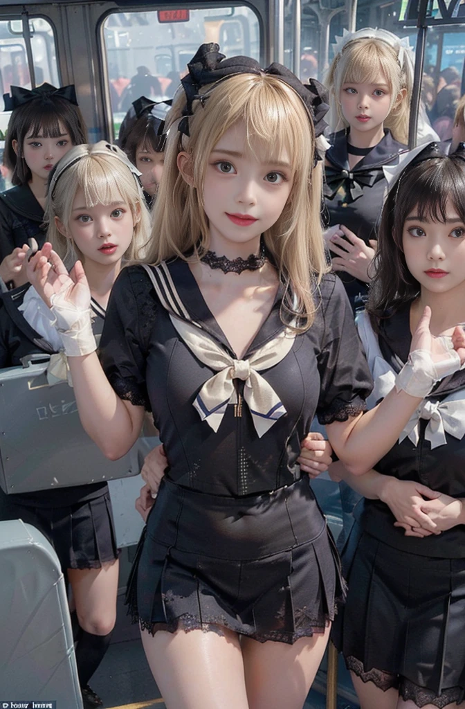 20yo, 8K resolution, surreal, Super detailed, high quality, perfect anatomy, perfect proportion, masterpiece,
((((((A group photo in crowded train at night, 6 girls, group photo)))))),
(((((black face mask, sailor collar, sailor uniform, Lace, micro skirt, bow ribbon))))),
((((happy, grin, detailed face)))),
((((blond hair, bleached hair)))), (((impossible breasts))),
(((shiny oiled skin, detailed skin))),
(((tight clothes, thigh, bare legs))), looking at viewer, summer