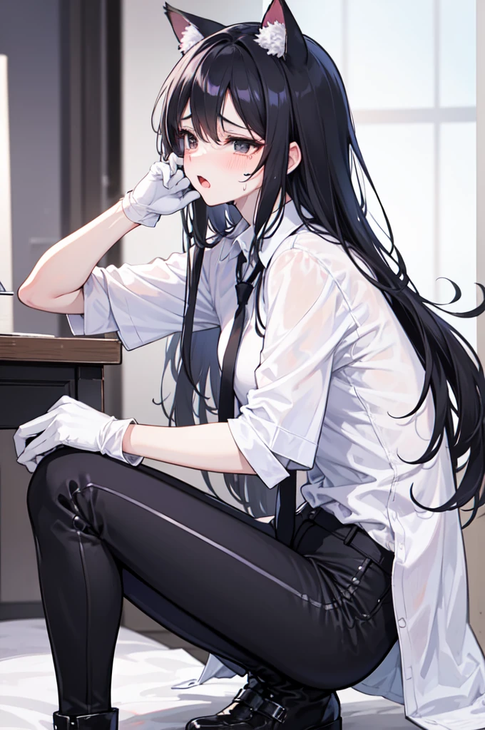A 18-year-old boy,cute,Wear a white short-sleeved shirt and a black work tie,Wear long black pants,Wear black booties,Wear white gloves,wear cat ears,Black hair,Black eyes,Handsome,Disdainful and cold expression,shy,Very blush,Sweating,crying,opening mouth,pornography,pornographic action,wheezing,Bundle play