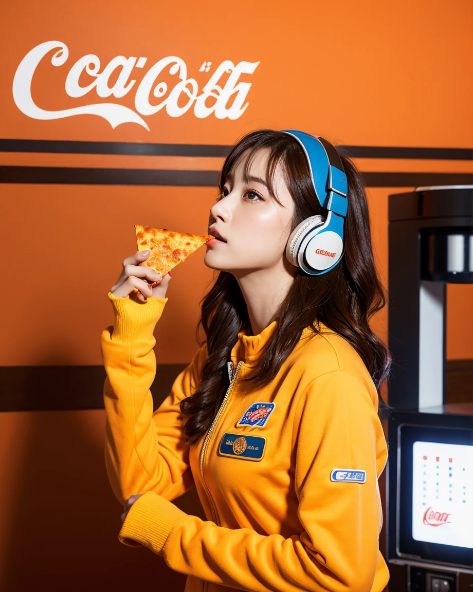 Realistic, 8K, masterpiece, RAW Photos, Highest quality, Realistic, 非常に詳細な CG Unity 8K 壁紙, Written boundary depth, Cinematic Light, Lens flare, Ray Tracing, Perfect lighting,short hair, (Delicate skin), (Delicate face), (Pop Background :1.1), person standing and watching、Comical movement,1 female,astronaut, gloves, Helmet, Spacesuit、Headphones,(Orange background),Modern Style,Artistic,moving composition,Unique Pattern,Bold Texture,colorful,Imaginative,Whimsical,Vibrant,like々Shii,Playful,Lively,creative,Expressive,stylish,tendency,One Girl,Eating pizza、Coca-Cola Poster、Lemon on the background