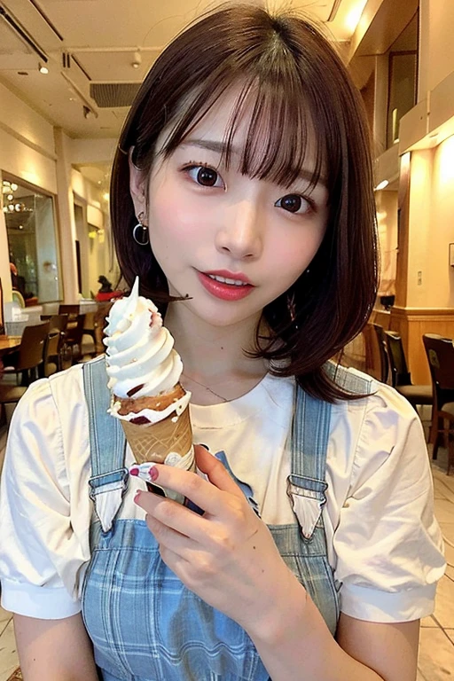 masterpiece, Highest quality, One Girl, (Beautiful girl, Delicate girl:1.3), (15 years old:1.3), Very fine grain definition, (Symmetrical eyes:1.3), Browsing Caution, (Street view, Overalls), (((Licking soft serve ice cream, Eat soft serve ice cream, Enclose your tongue with your hands))), Small breasts, Brown eyes, Parted bangs, Brown Hair, petit girl, (Eye and facial details:1.2), Perfect Fingers, Good fingers、One girl, alone, Open your mouth, Brown short hair,View your viewers, White shirt, bow,Holding, jewelry, Earrings, food, indoor, Plaid, eat, Holding food, Realistic, ice cream, ice cream cone