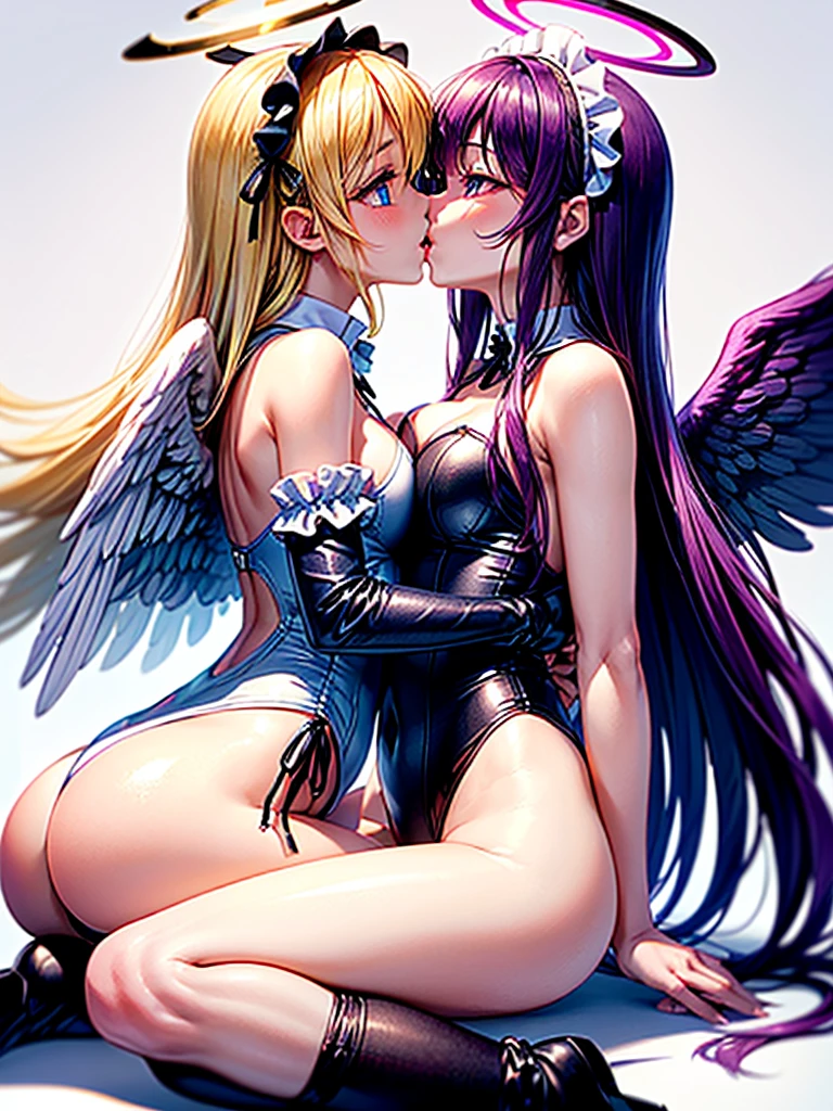 Highest quality,Highest Resolution,(((A beautiful girl with blue eyes and blonde hair in a maid leotard and white angel wings on her back)))and(((A beautiful girl with red eyes, purple hair, and black angel wings on her back in a gothic ta leotard)))are having sex in the face-to-face cowgirl position,saliva,(((Halo))),smile,Frills,Knee-high stockings,A distant view,(((kiss))),(((salivaを垂らす))),
