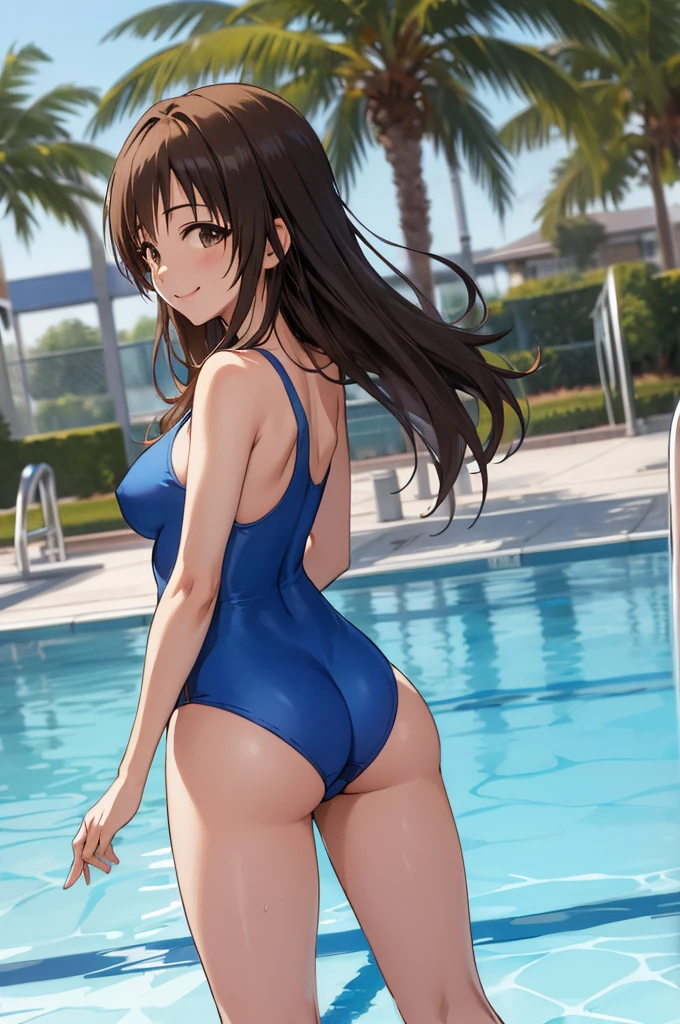 masterpiece, best quality, highres, aaanitta, long hair, medium breasts, blue one-piece swimsuit,, idolmaster, poolside, smile, standing, cowboy shot,,,ass,from back