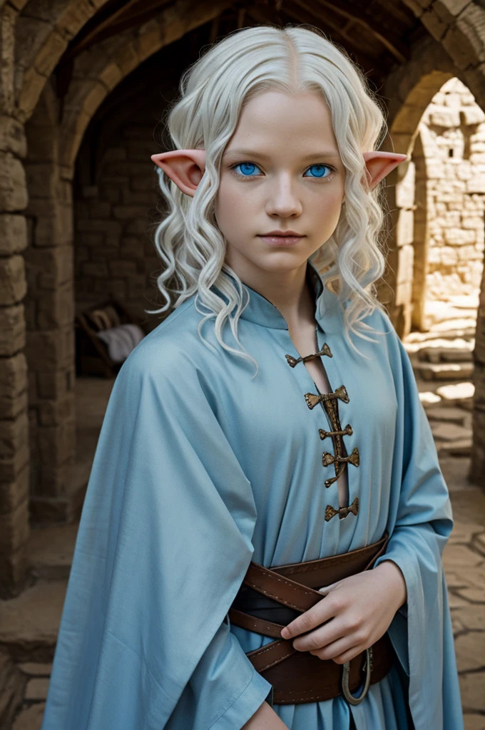 elf, albino, Chico, short wavy hair, light blue eyes, medieval shelter, Hunter