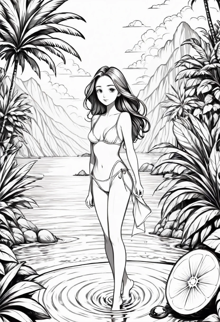 thin line drawing, lineart, fine stroke, summer, monochromatic, black andwhite. no shadows, no gray color, lineart style