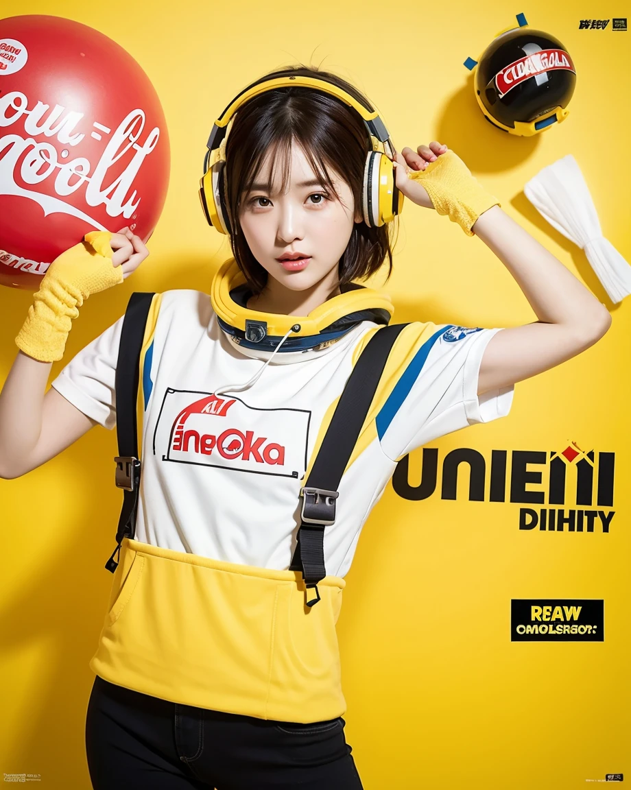 Realistic, 8K, masterpiece, RAW Photos, Highest quality, Realistic, 非常に詳細な CG Unity 8K 壁紙, Written boundary depth, Cinematic Light, Lens flare, Ray Tracing, Perfect lighting,short hair, (Delicate skin), (Delicate face), (Pop Background :1.1), person standing and watching、Comical movement,1 female,astronaut, gloves, Helmet, Spacesuit、Headphones,(Yellow background),Modern Style,Artistic,moving composition,Unique Pattern,Bold Texture,colorful,Imaginative,Whimsical,Vibrant,like々Shii,Playful,Lively,creative,Expressive,stylish,tendency,One Girl,Eating pizza、Coca-Cola Poster、Lemon on the background