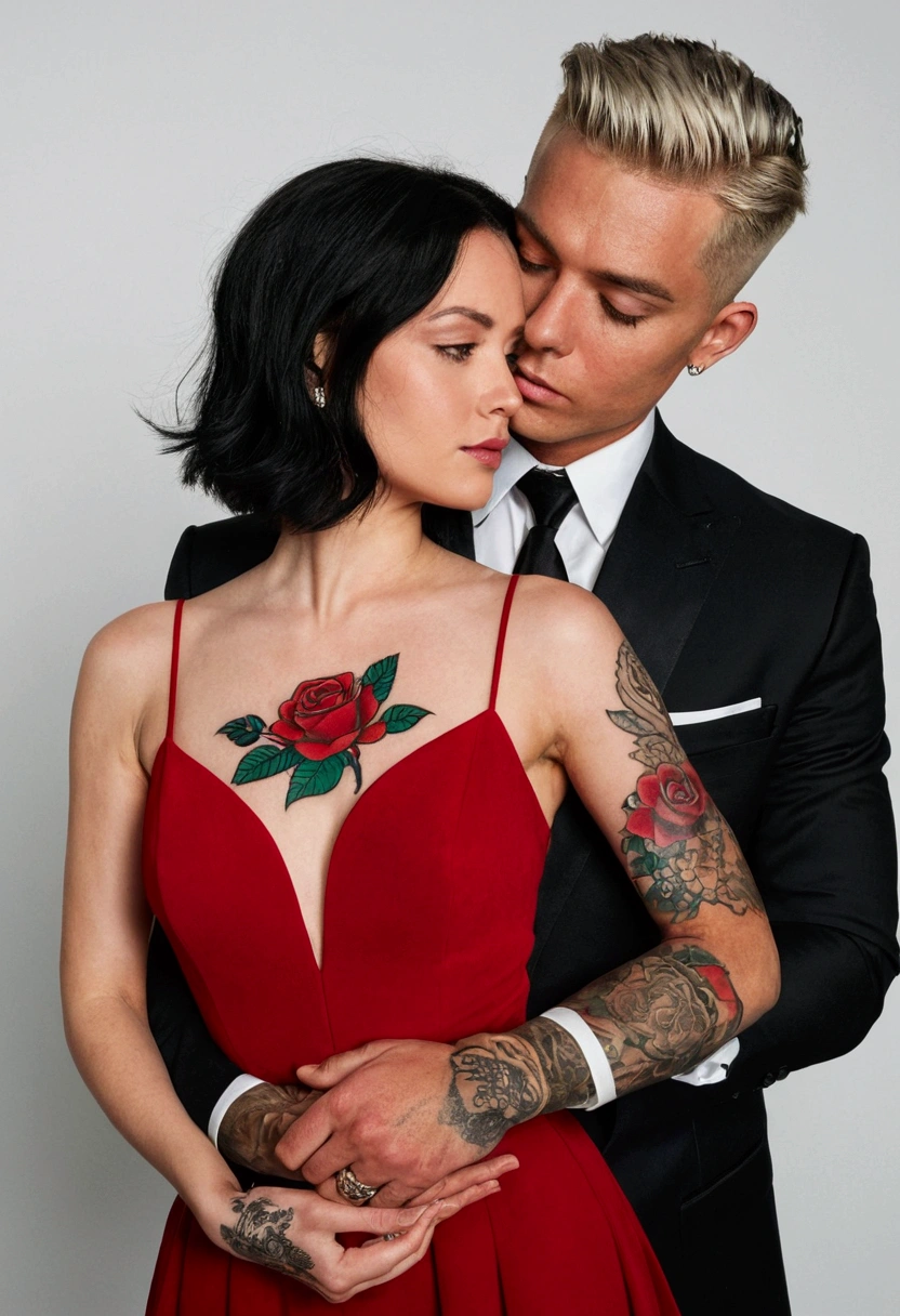 A couple hugging. A woman with long black hair and gray eyes (Dressed in a red dress).
The man with short blonde hair and a tattoo of a rose and others on his neck (Dressed in a black suit.) He's looking at her