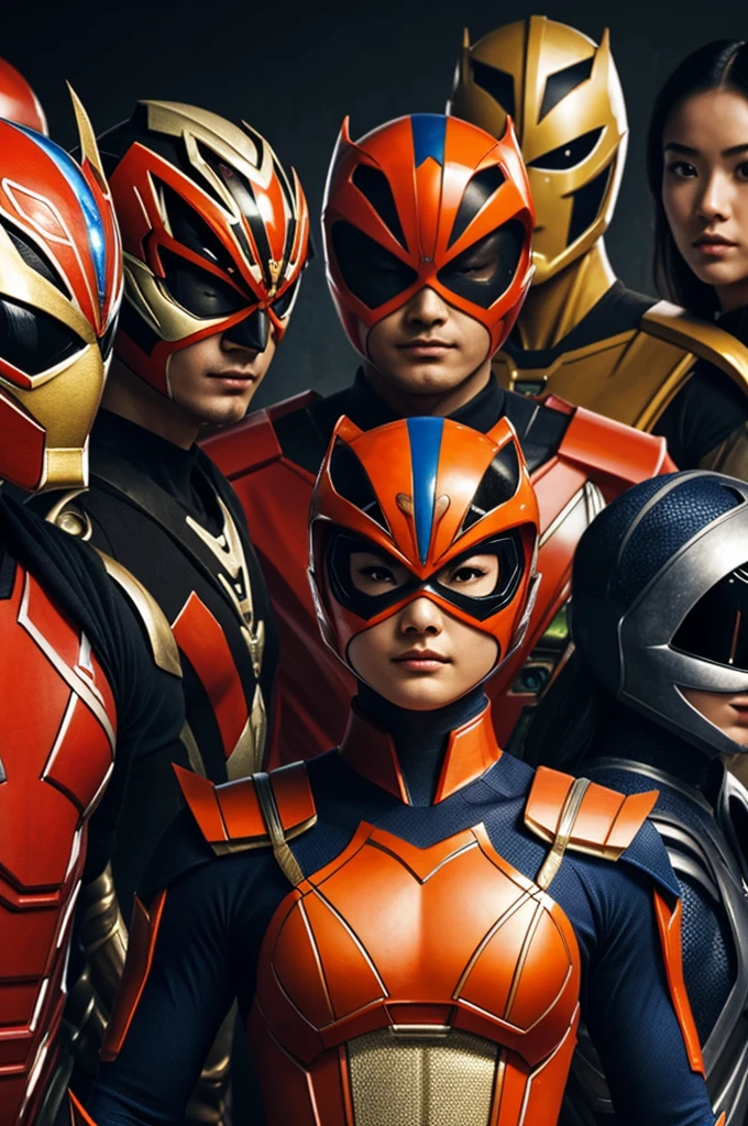 ((best quality)), ((masterpiece)), (detailed), perfect face Realistic art, Create a team of China-themed Power Rangers and have the sixth Ranger be the spider-themed orange one.