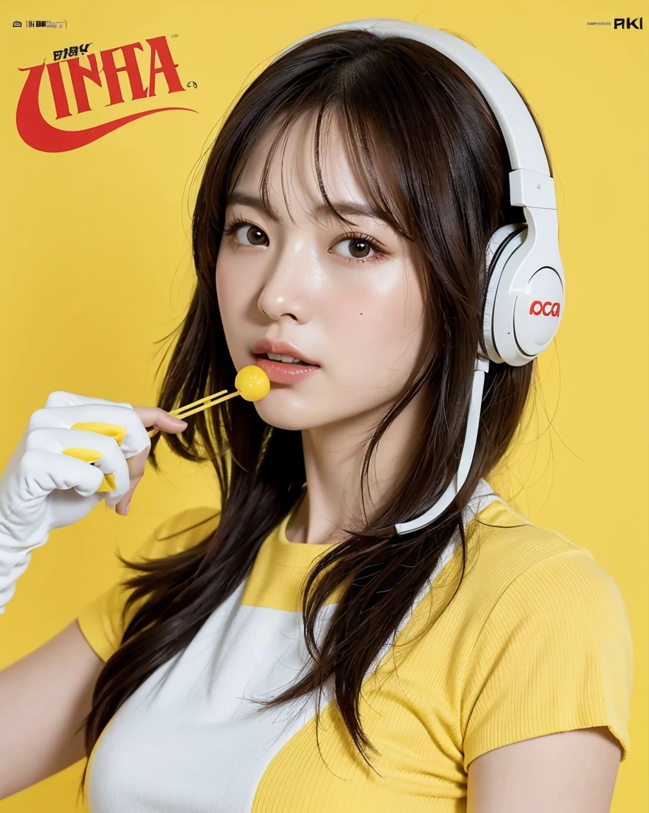 Realistic, 8K, masterpiece, RAW Photos, Highest quality, Realistic, 非常に詳細な CG Unity 8K 壁紙, Written boundary depth, Cinematic Light, Lens flare, Ray Tracing, Perfect lighting,short hair, (Delicate skin), (Delicate face), (Pop Background :1.1), person standing and watching、Comical movement,1 female,astronaut, gloves, Helmet, Spacesuit、Headphones,(Yellow background),Modern Style,Artistic,moving composition,Unique Pattern,Bold Texture,colorful,Imaginative,Whimsical,Vibrant,like々Shii,Playful,Lively,creative,Expressive,stylish,tendency,One Girl,Eating pizza、Coca-Cola Poster、Lemon on the background
