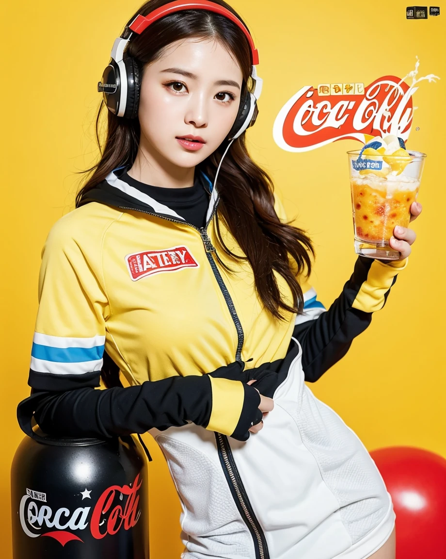 Realistic, 8K, masterpiece, RAW Photos, Highest quality, Realistic, 非常に詳細な CG Unity 8K 壁紙, Written boundary depth, Cinematic Light, Lens flare, Ray Tracing, Perfect lighting,short hair, (Delicate skin), (Delicate face), (Pop Background :1.1), person standing and watching、Comical movement,1 female,astronaut, gloves, Helmet, Spacesuit、Headphones,(Yellow background),Modern Style,Artistic,moving composition,Unique Pattern,Bold Texture,colorful,Imaginative,Whimsical,Vibrant,like々Shii,Playful,Lively,creative,Expressive,stylish,tendency,One Girl,Eating pizza、Coca-Cola Poster、Lemon on the background