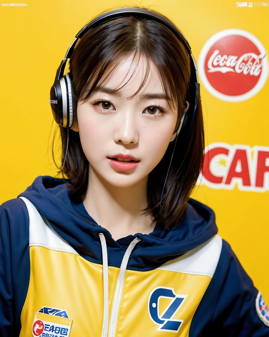 Realistic, 8K, masterpiece, RAW Photos, Highest quality, Realistic, 非常に詳細な CG Unity 8K 壁紙, Written boundary depth, Cinematic Light, Lens flare, Ray Tracing, Perfect lighting,short hair, (Delicate skin), (Delicate face), (Pop Background :1.1), person standing and watching、Comical movement,1 female,astronaut, gloves, Helmet, Spacesuit、Headphones,(Yellow background),Modern Style,Artistic,moving composition,Unique Pattern,Bold Texture,colorful,Imaginative,Whimsical,Vibrant,like々Shii,Playful,Lively,creative,Expressive,stylish,tendency,One Girl,Eating pizza、Coca-Cola Poster、Lemon on the background