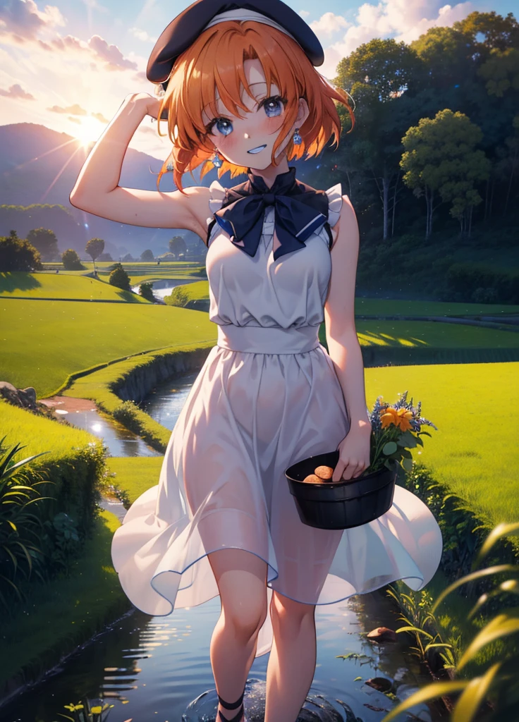 kidney, Rena Ryuuguu, Orange Hair, short hair, blue eyes, smile, blush,Grin,(Small breasts:1.2),beret,Sleeveless dress,Long skirt,Heeled Sandals,morning,morning陽,The sun is rising,Paddy field,Residential Street,Holding a bucket in both hands,walking,whole bodyがイラストに入る,
壊す looking at viewer,whole body,
Destroy outdoors, Destroy the countryside (masterpiece:1.2), Highest quality, High resolution, unity 8k wallpaper, (shape:0.8), (Beautiful attention to detail:1.6), Highly detailed face, Perfect lighting, Extremely detailed CG, (Perfect hands, Perfect Anatomy),