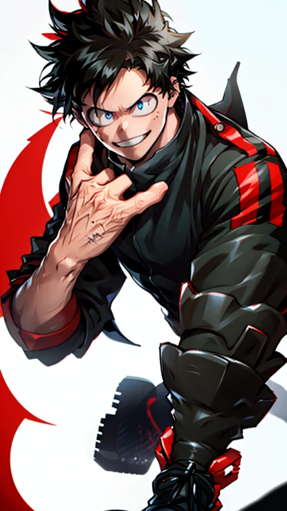 Muscle Boy, Bblack hair, Eyes red, Black Suit, sinister grin, Red Shoe.