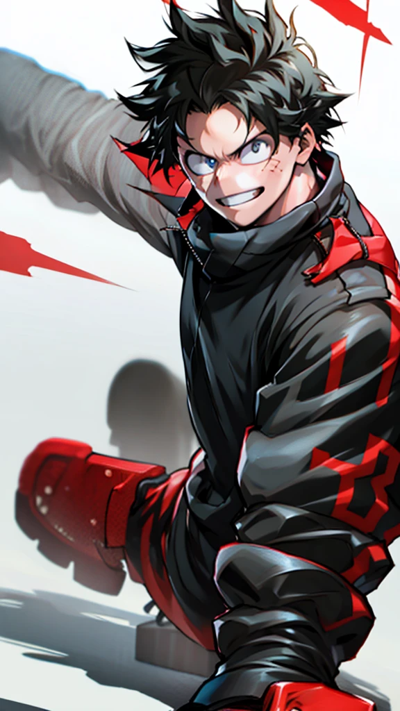 Muscle Boy, Bblack hair, Eyes red, Black Suit, sinister grin, Red Shoe.