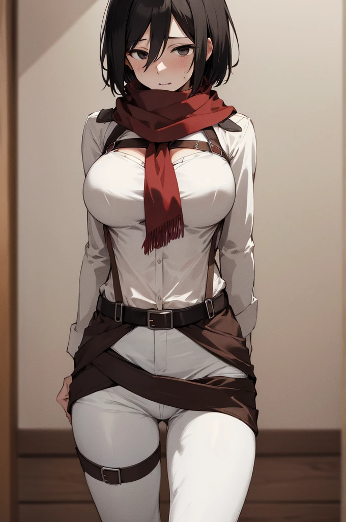masterpiece, best quality, highres, hmmikasa, short hair, black eyes, scarf, belt, thigh strap, red scarf, white pants, white shirt, standing, cowboy shot,,big breasts,sweating,(trembling:1.2),cleavage