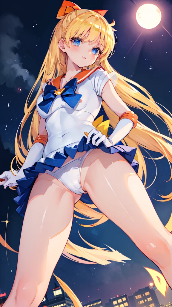 1girl, (Angle from below:1.8), ((Standing with legs apart and showing off her panties)), (Moonlit night)、(On the roof of a building)、thighs、(shiny White skin:1.6)、blue eyes, ((Slim figure)), ( girl), (A sadistic and malicious grin), ((pantiess))、(grin), (Shiny blonde hair)、Long hair, (forehead), (feet), Blue ribbon on chest, (Big red ribbon), ((Sailor Venus))、Sailor suit、(Orange pleated mini skirt)、panties, ((sexy pose)), (close up panties:1.5)、