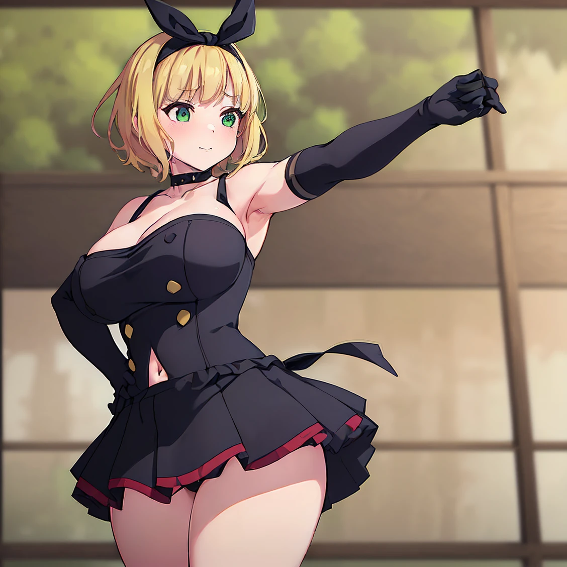 ((1girl)), ((alone)),shushu suruga, ((extremely detailed CG unity 4k wallpaper)), (masterpiece), (ultra quality), (ultra detailed), (best illustration), (best shadow), (extremely detailed), looking at viewer, (absurdities), (detailed background), curvy body, dynamic pose, cowboy photo, medium breasts, medium waist, wide hips, wide thighs, round butt, ((blonde_hair , short_hair, 1 girl, green_eyes, solo, headband, bangs, big_breasts, black bow, black headband, mugenloopdalove outfit, collarbone, neck, strap, heart, navel, bandeau, plaid, bare shoulders, bare arms, one glove, bracelet , wristbands, miniskirt, layered skirt, ruffles, fishnet pantyhose,)),smile, mouth closed)), standing, cowboy photo, backlight, ((only)), ((standing: 1.4, outdoor, park ,cityscape,trees,(stoic,blushing,sexy expression, closed mouth, sexy pose), looking forward, ((focus on hips), point of view: (from below), perfect anatomy, perfect hands,