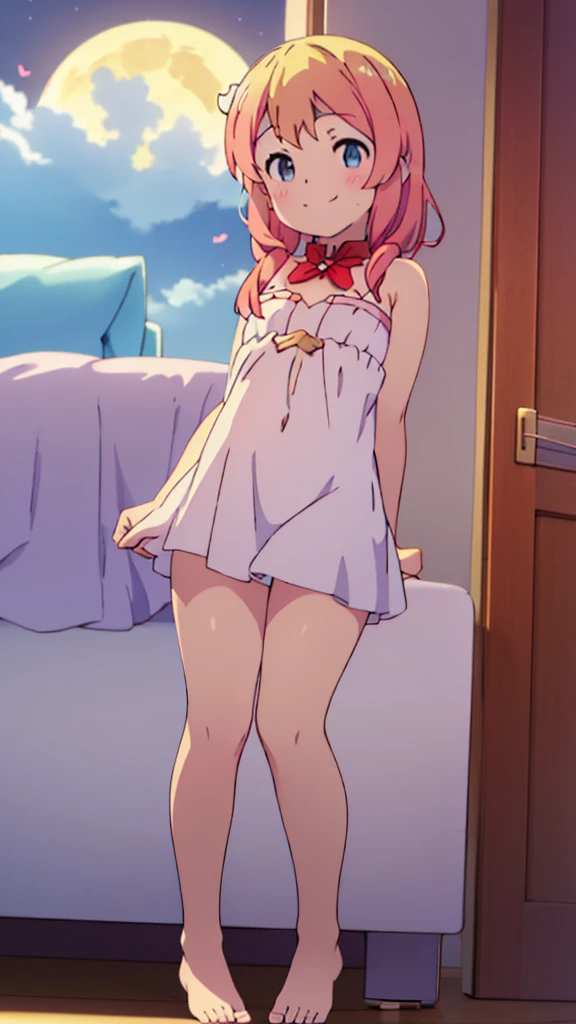 ((masterpiece))((Highest quality))Moon Fairy、girl、smile、blush、Flat Chest、Are thin、Blonde and red hair、long、blush、Are standing、Whole body image、Even your toes are visible、Eye level on face、front、No background、真frontのアングル