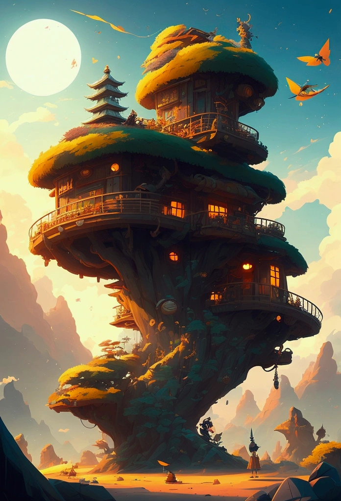japenese totem mobile Tiki-Hut, a highly intricate and hyperdetailed matte painting by Beeple, craola and Bordalo II, fantasy art, 3d render, vintage, golden hour, dramatic backlighting, cinematic lighting, concept art, by Goro Fujita, Takashi_Murakami, Naoto_Hattori, Jesper_Ejsing, RHADS, hIKARI sHIMODA, Tooth WU and ROSS TRAN, 8k4d, trending on Artstation HD