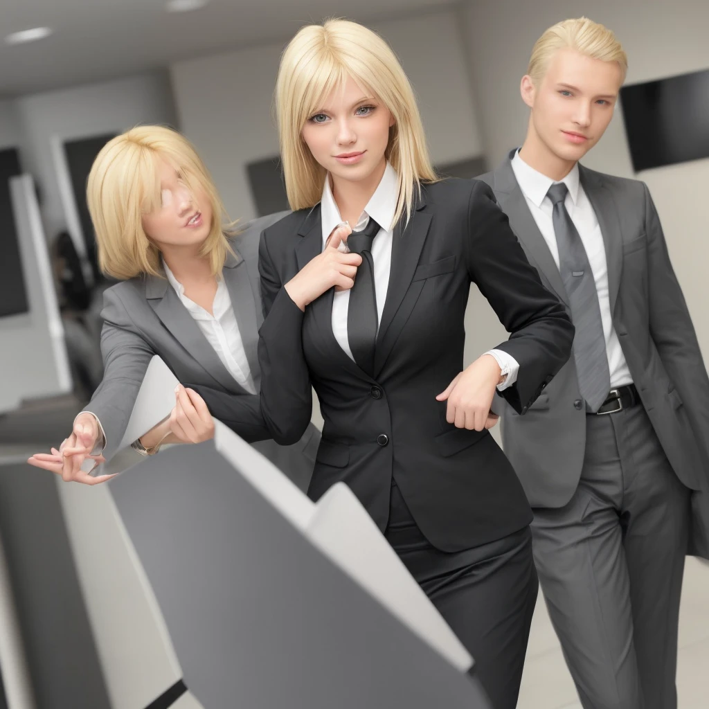 A professional sales consultant, blonde, conveys friendliness and confidence, business attire.