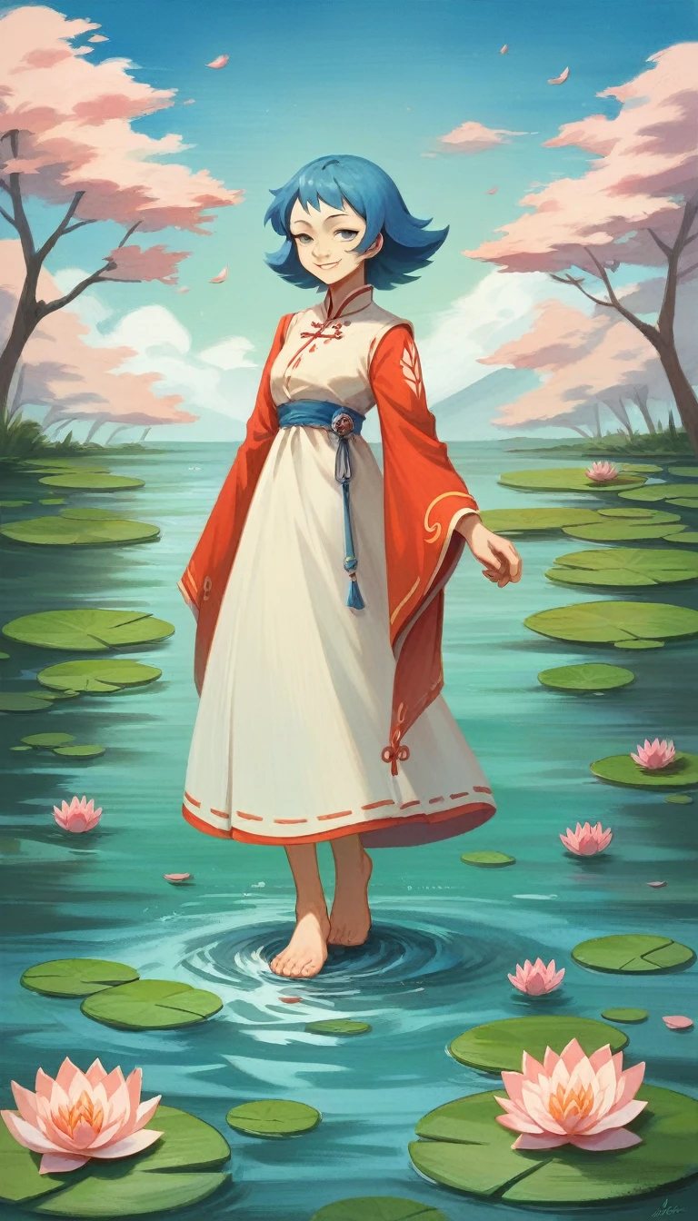 ((4k,masterpiece,best quality)), shuimobysim, traditional chinese ink colour painting, lotus, hanfu, maxiskit, dress conservatively
1girl, solo, long blue hair, smile, standing, feet in the water, barefoot,