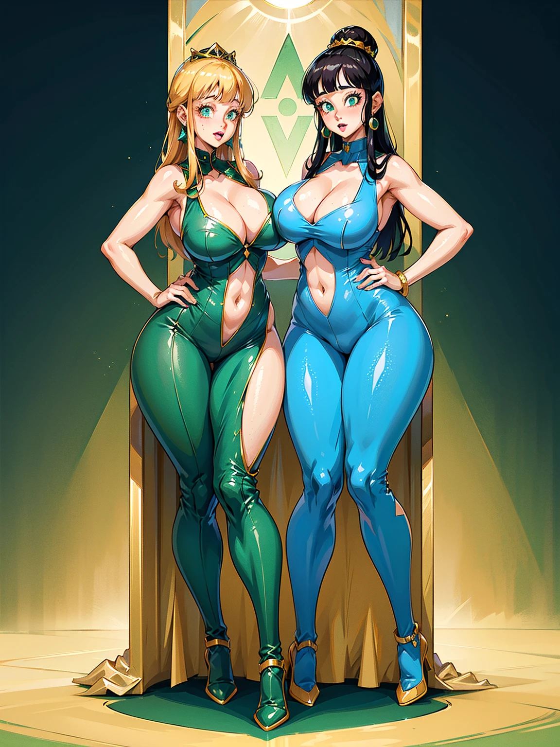 long ginger hair, green eyes, sparkling eyes, deep glossy eyes, glossy lips, white pale skin, freckles on face, big eyes, juicy lips, big breasts, big hips, hourglass figure, green outfit, emerald green, cleavage, bursting, tight clothes, full body in shot, queen,throne,happy,stockings