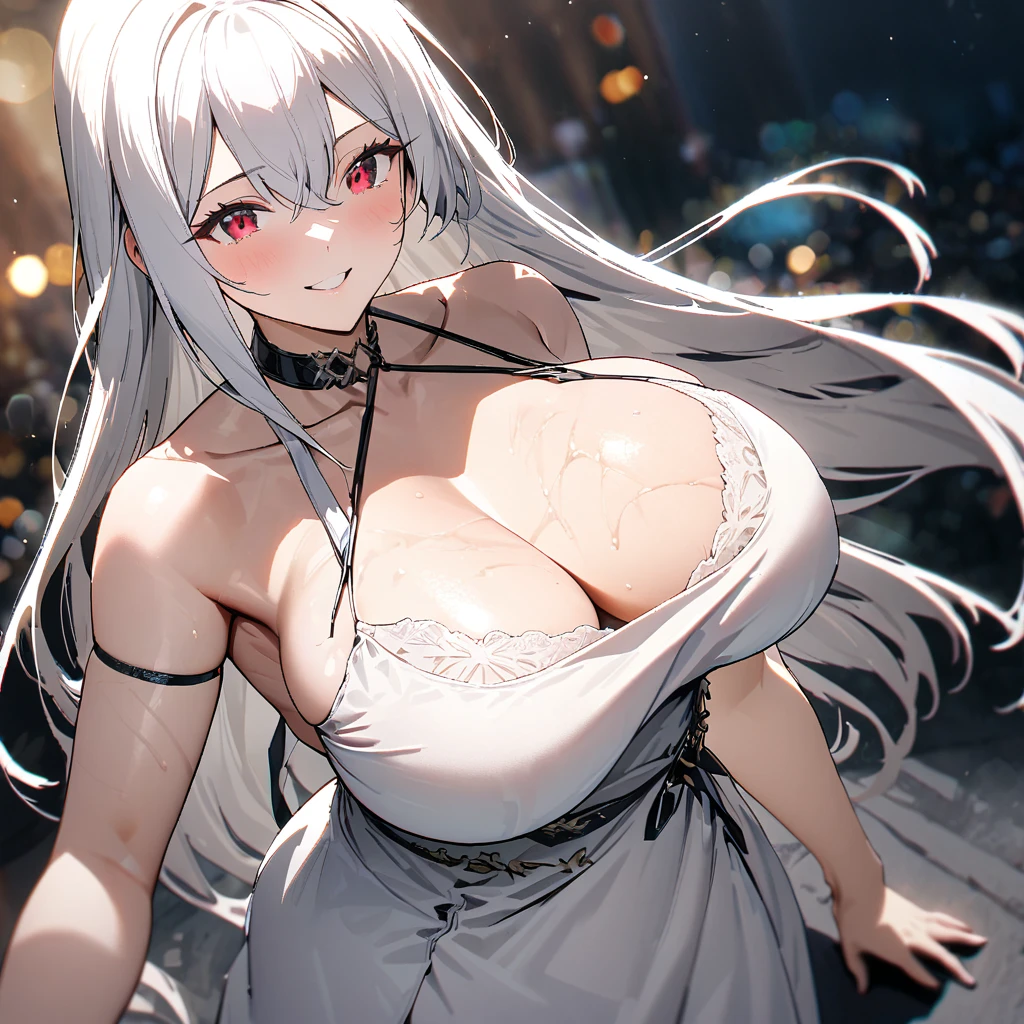 A woman wearing a white dress, exposed shoulders, big breasts, red eyes, white hair, smiling, white heels, standing on a concrete platform,(solo woman) ,UHD , prime work , accurate , anatomically correct , textured skin , super details , high quality , best quality, 8k, high resolution, bokeh effect.