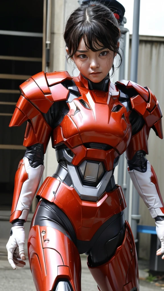 Rough skin, Very detailed, Advanced Details, high quality, 最high quality, High resolution, 1080P, hard disk, beautiful,(War Machine),beautifulサイボーグの女性,Red Mecha Cyborg Girl,Fight,Girl with a mechanical body,、 girl　Very short hair、Sweaty brown eyes、Sweaty face、Expressions of unfair treatment　cute　Black Hair(Steam from the body)　((Steam coming out of my head)) (((Steam coming out of the whole body))) 　Spread your legs Spread your legs　(Shyness)