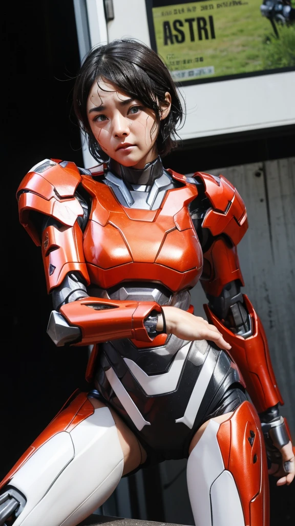 Rough skin, Very detailed, Advanced Details, high quality, 最high quality, High resolution, 1080P, hard disk, beautiful,(War Machine),beautifulサイボーグの女性,Red Mecha Cyborg Girl,Fight,Girl with a mechanical body,、Junior high school girl　Very short hair、Sweaty brown eyes、Sweaty face、Expressions of unfair treatment　cute　Black Hair(Steam from the body)　((Steam coming out of my head)) (((Steam coming out of the whole body))) 　Spread your legs Spread your legs　(Shyness)