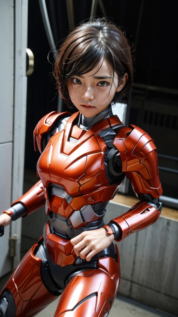 Rough skin, Very detailed, Advanced Details, high quality, 最high quality, High resolution, 1080P, hard disk, beautiful,(War Machine),beautifulサイボーグの女性,Red Mecha Cyborg Girl,Fight,Girl with a mechanical body,、Junior high school girl　Very short hair、Sweaty brown eyes、Sweaty face、Expressions of unfair treatment　cute　Black Hair(Steam from the body)　((Steam coming out of my head)) (((Steam coming out of the whole body))) 　Spread your legs Spread your legs　(Shyness)