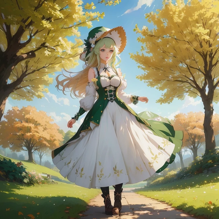 anime girl in a white dress and green hat walking down a path, cushart krenz key art feminine, anime lush john 8k woods, goddess of autumn, a maid in a magical forest, 8k high quality detailed art, cute anime waifu in a nice dress, guweiz on pixiv artstation, official art, anime art wallpaper 8 k