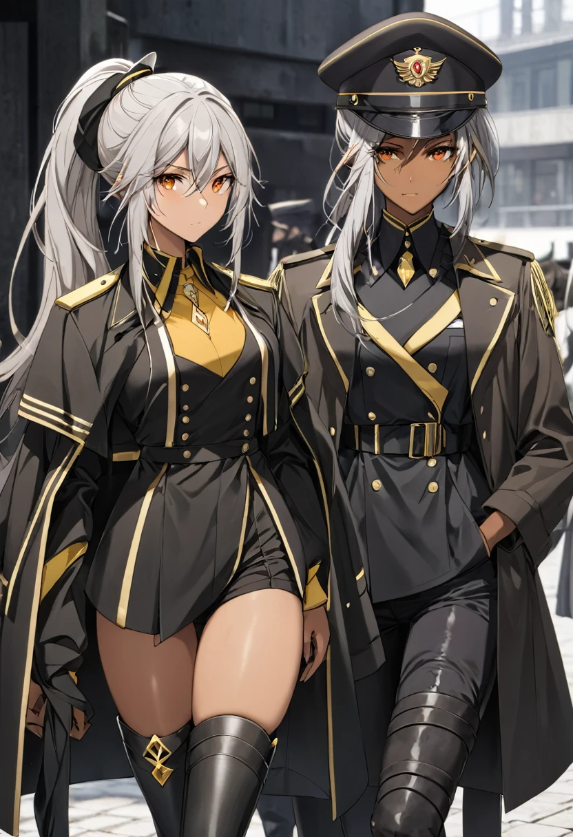 orange eyes,,((brown skin,dark elf,))grey hair,1lady,high ponytail, gold and black coat,jewelry,gold and black uniform,military hat,thigh boots,
