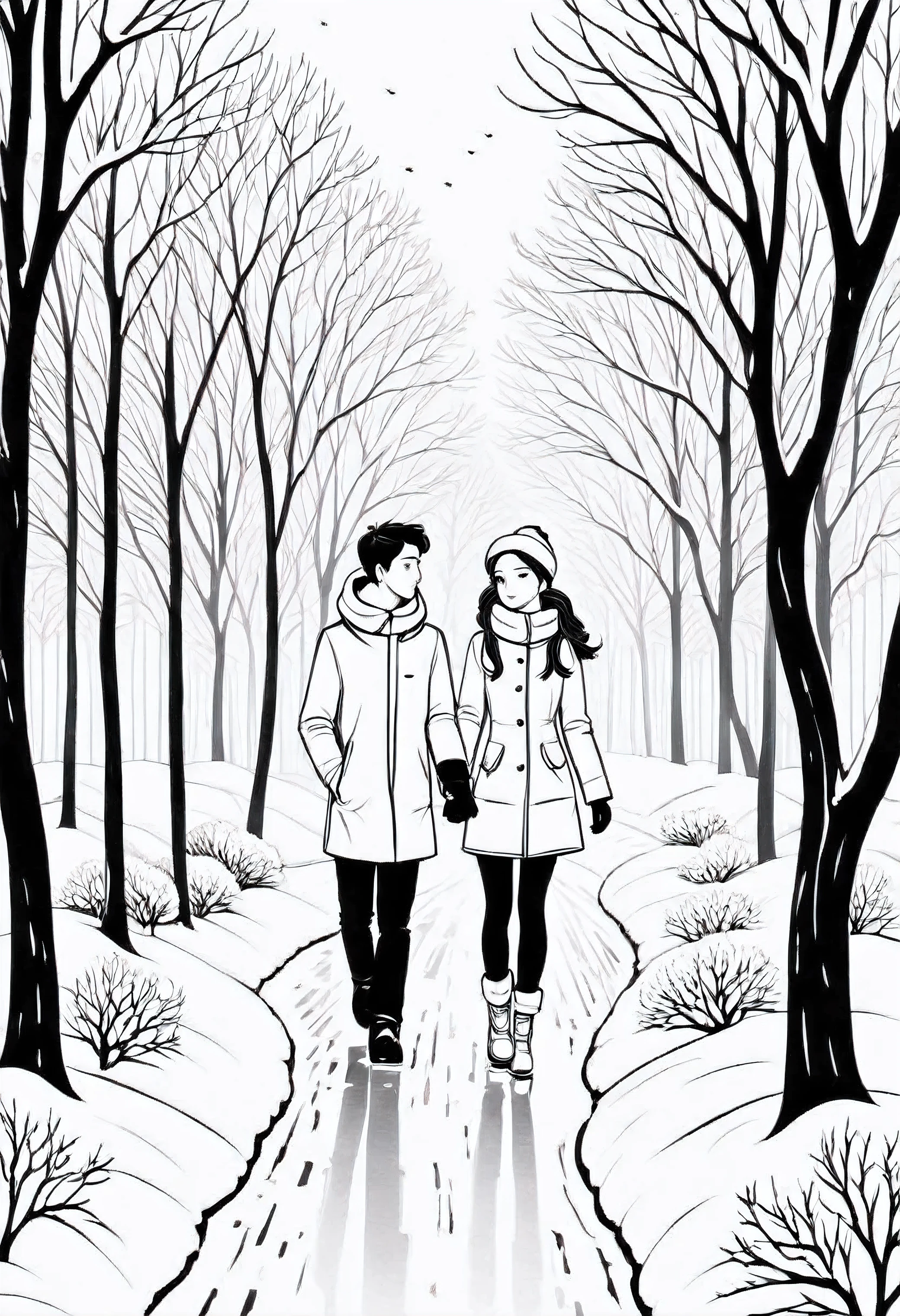 thin line drawing, lineart, fine stroke, couple in winter, monochromatic, black andwhite. no shadows, no gray color, lineart style